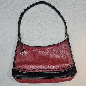 Brighton Red Black Pebbled Leather Handbag Zipper Closure Heart Charm - EUC
